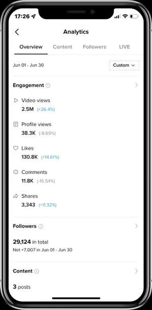 Ügyfél TikTok Analytics: 2,5 millió videómegtekintés és 130,8 ezer kedvelés június 1–30. között