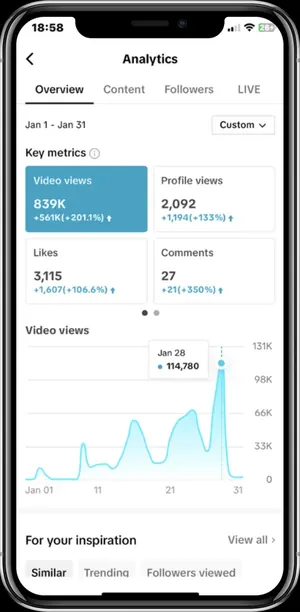 Ügyfél TikTok Analytics: 839 ezer videómegtekintés január 1–31. között